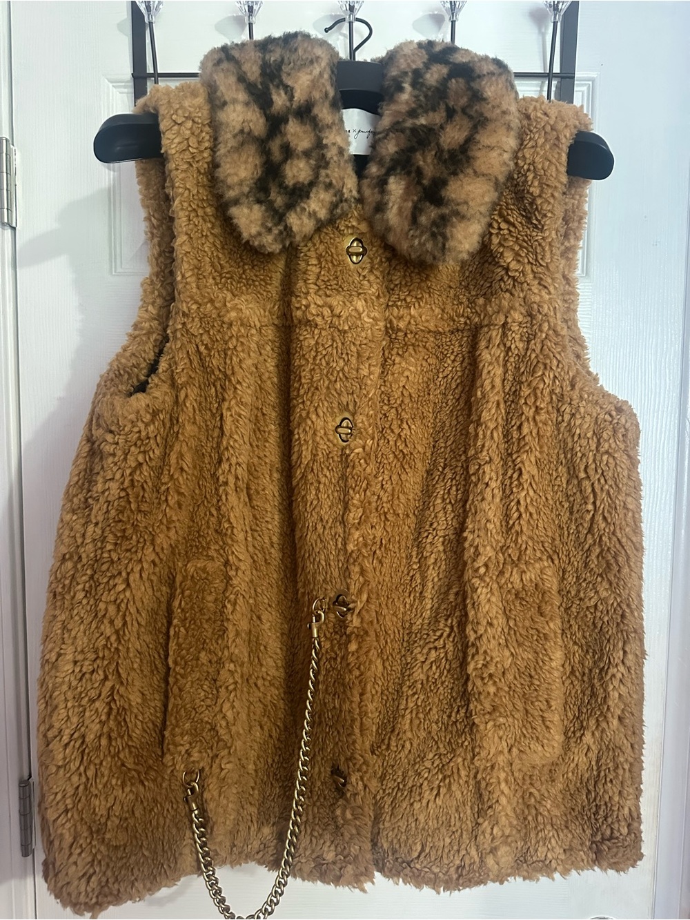 Coach x Jennifer Lopez Teddy Faux Shearling Vest with Leopard Collar - Camel